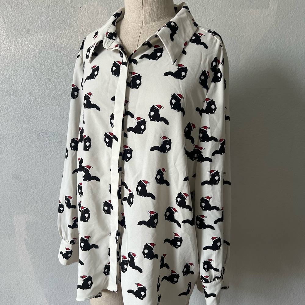 Modcloth Cream and Black Cat Print Blouse Christmas holiday attire Plus Size